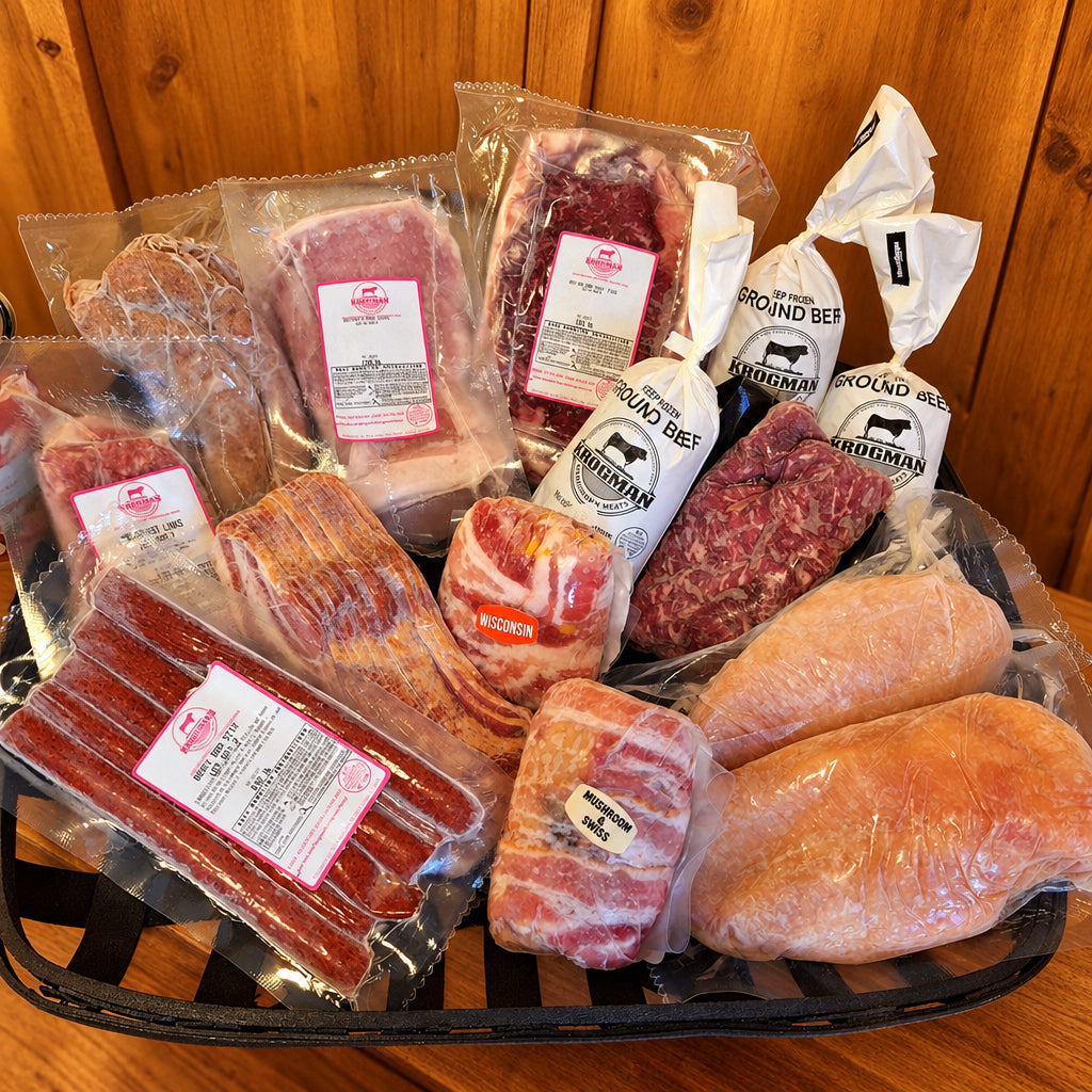 chicken breast, beef, pork bacon, ground beef, snack sticks, 